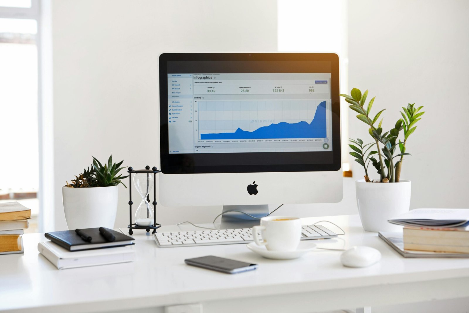 Escritorio con iMac mostrando estadísticas de marketing digital